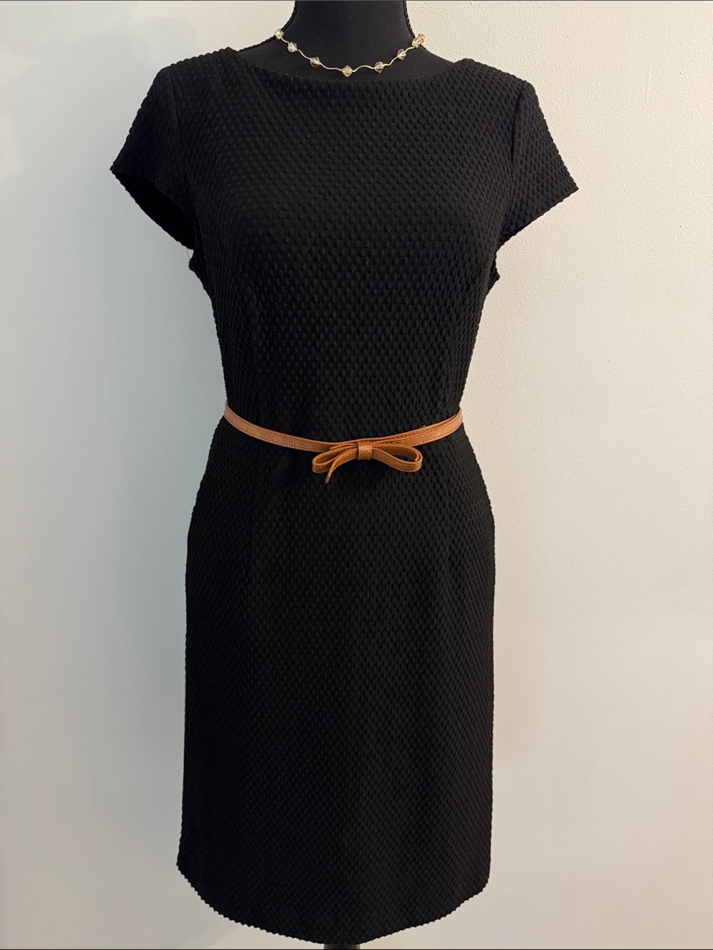 Classic Black Cap-Sleeve Textured Dress with Tan Belt